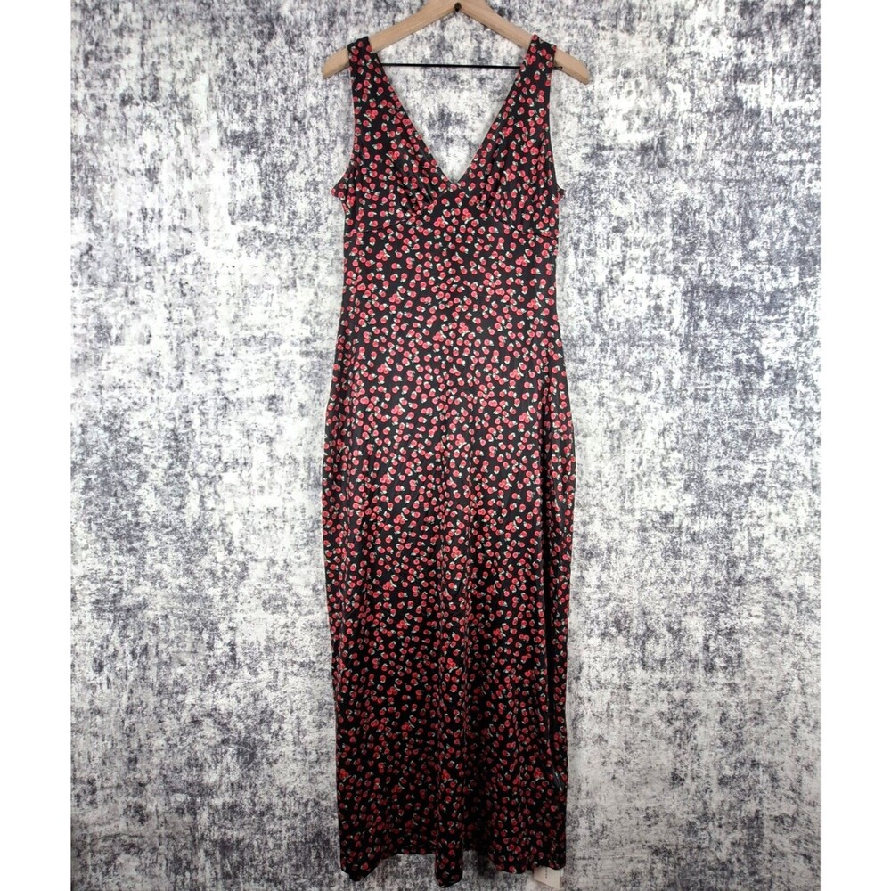 NEW Commense Maxi Dress Womens Size L Black Red Roses Romantic Indie Sleek AOP